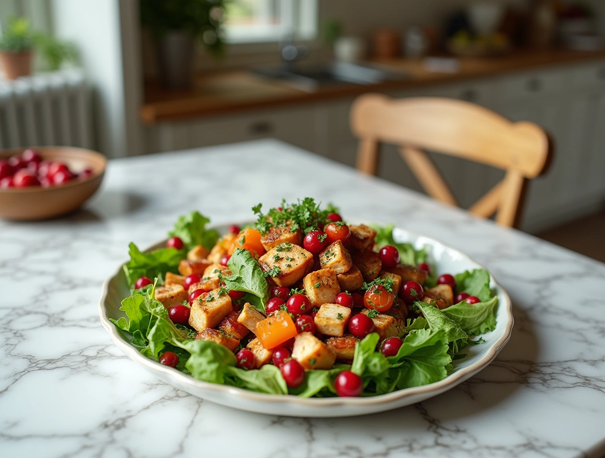 Asian Chicken Cranberry Salad served on a white marble table with vibrant greens, juicy chicken, cranberries, and sesame seeds