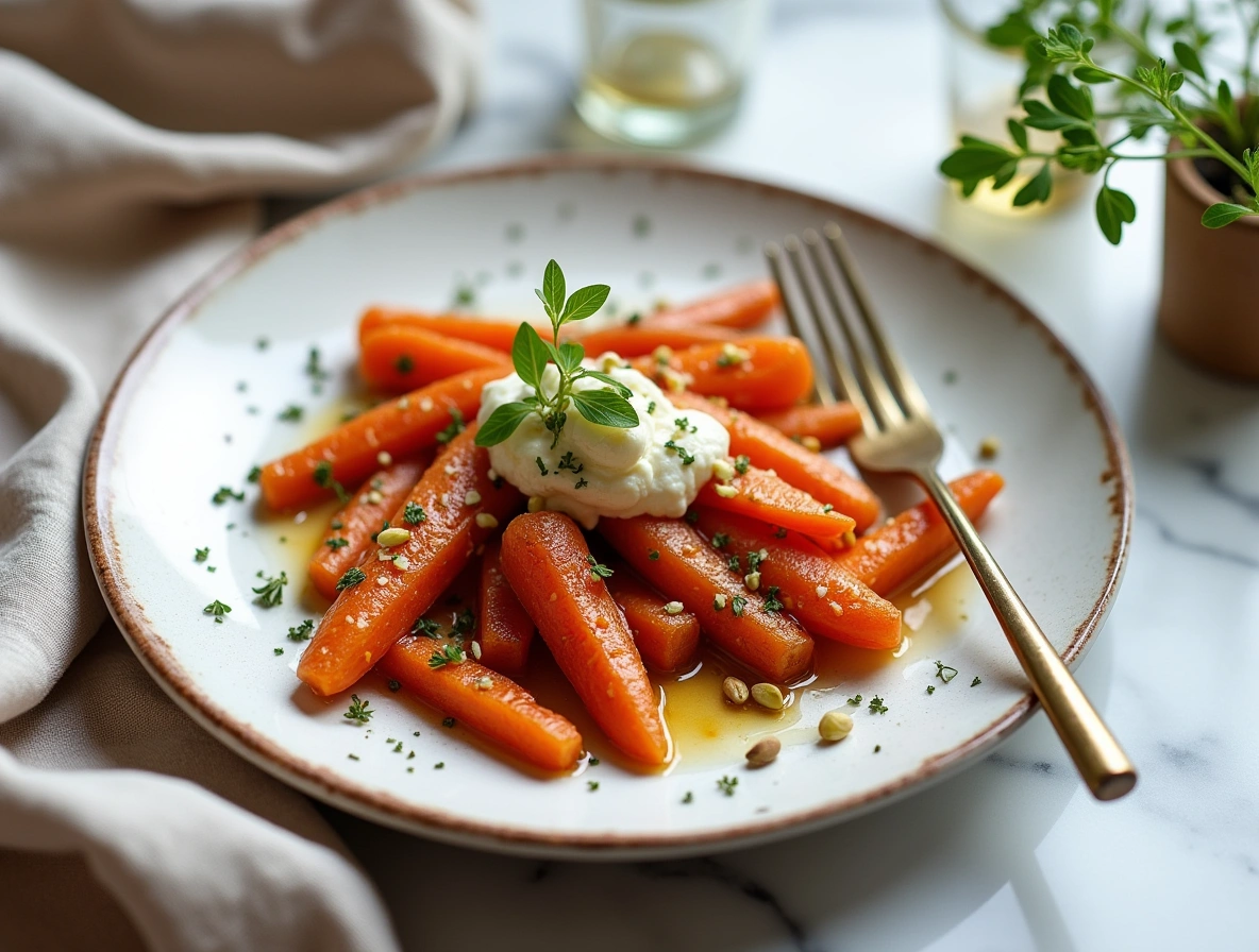 Step-by-step preparation of roasted carrots with whipped ricotta and hot honey on a marble table