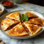 Golden crispy quesadilla folded TikTok-style on white marble table