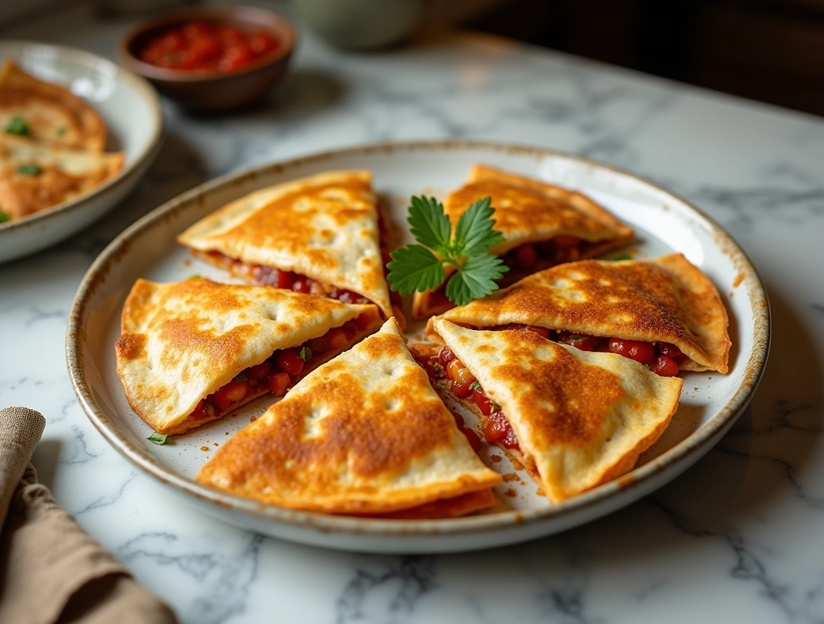 Golden crispy quesadilla folded TikTok-style on white marble table