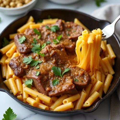 One-Pan Honey Garlic Steak & Cheddar Pasta in cast iron skillet with melted cheese, fresh parsley, and caramelized steak cubes on marble table.