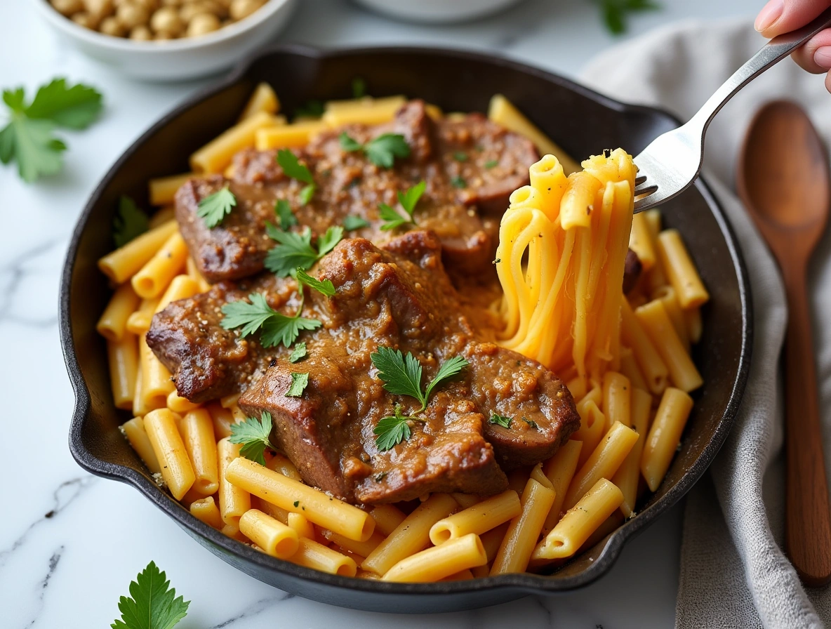 One-Pan Honey Garlic Steak & Cheddar Pasta in cast iron skillet with melted cheese, fresh parsley, and caramelized steak cubes on marble table.