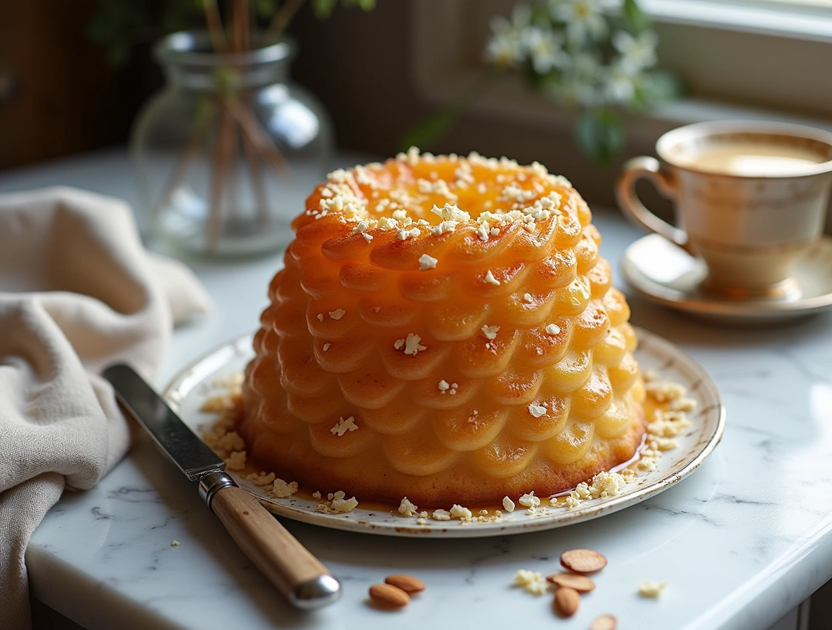Three-step beehive cake preparation on marble countertop showing dough kneading, custard cooking, and almond topping spread.