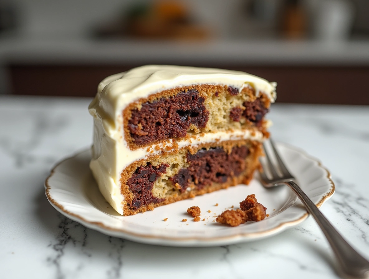 Close-up of hands frosting a marble cake with rich chocolate buttercream on a marble counter