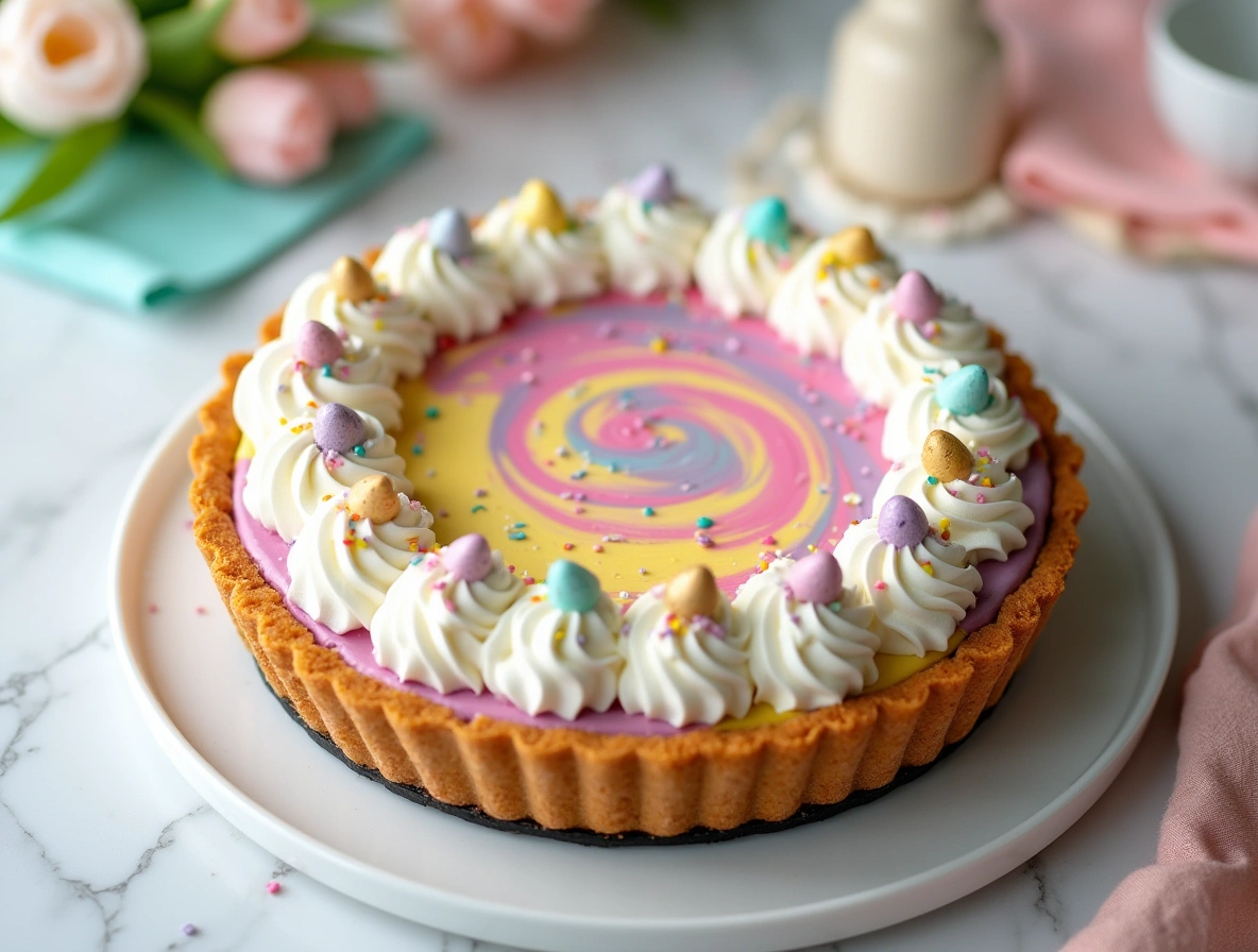 Step-by-step Easter swirl pie preparation: making crust, adding colored filling, and swirling for a pastel marble effect