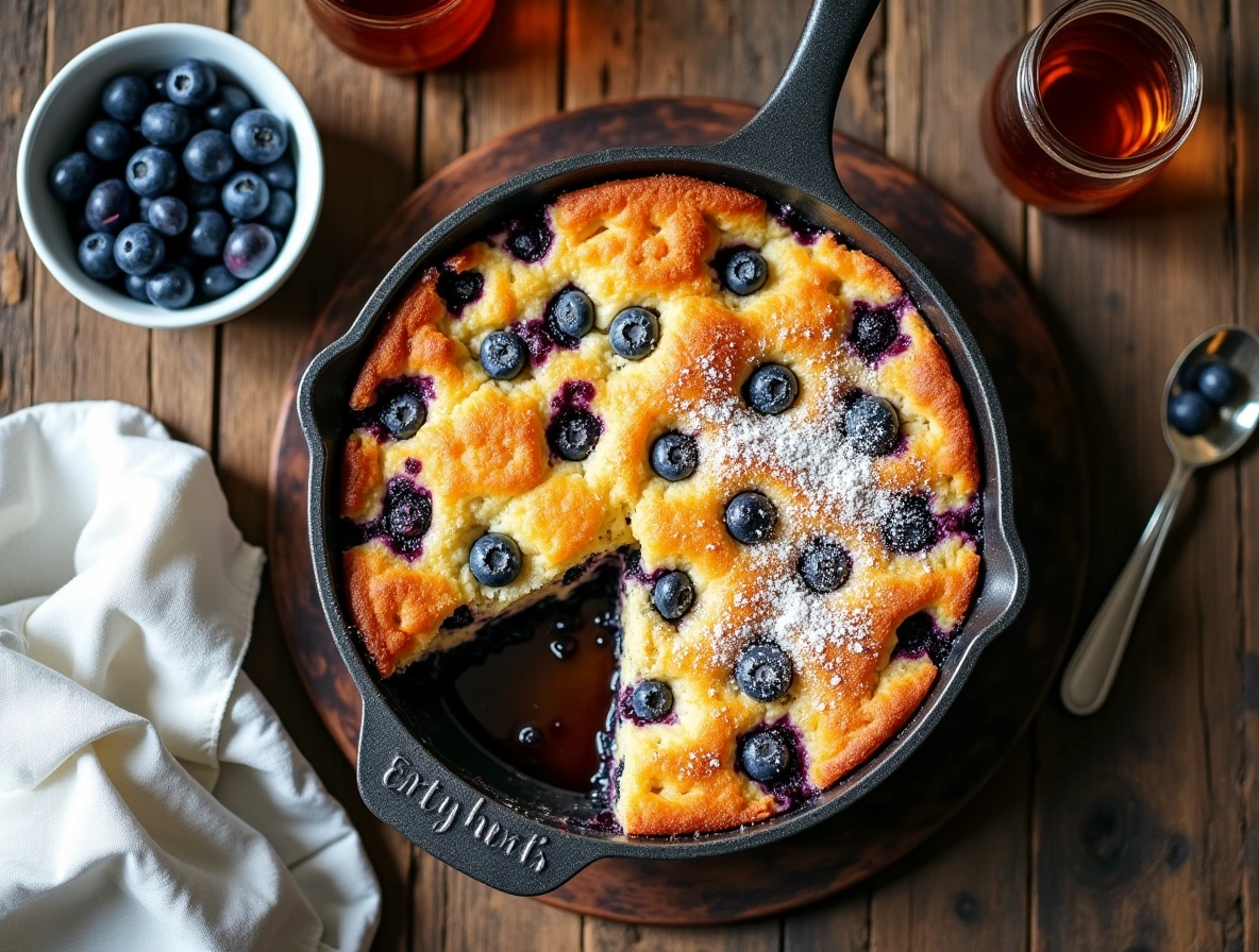 Freshly baked blueberry cottage cheese breakfast bake with golden crust and juicy blueberries, served on a rustic table with honey drizzle.