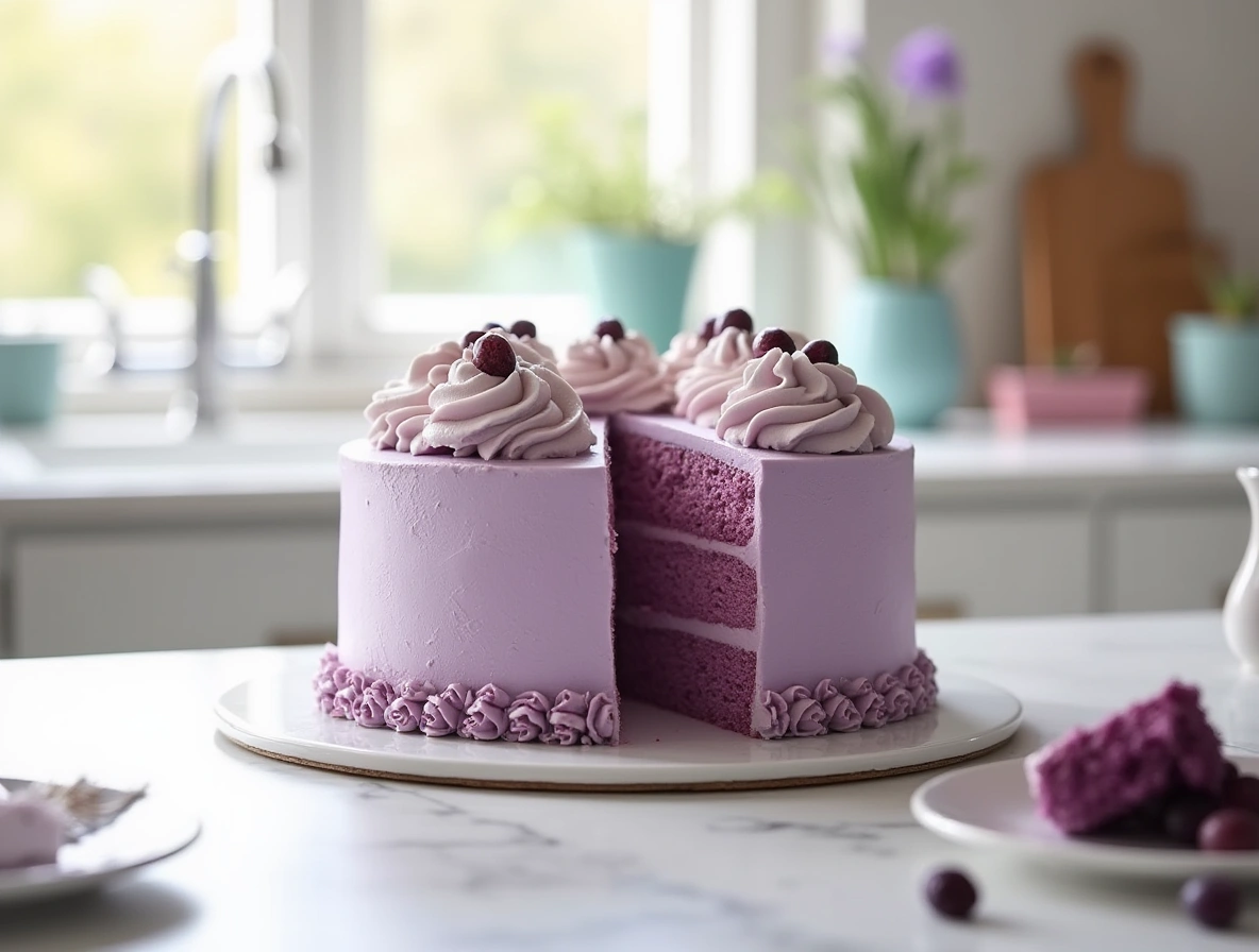 Two purple velvet cake layers cooling on wire racks over a marble countertop with soft kitchen lighting
