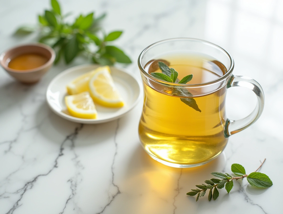 Three-step process of making lemon balm tea for weight loss on a marble table