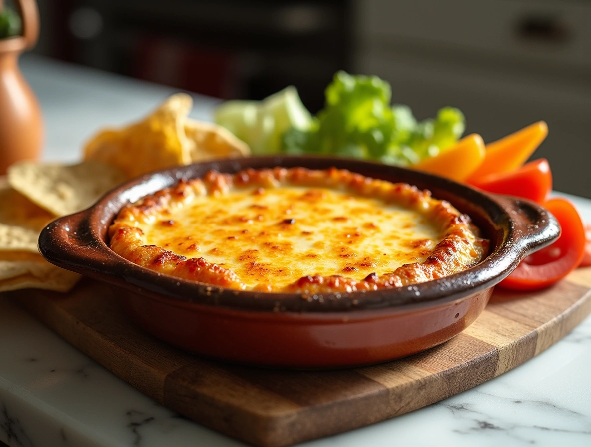 Creamy baked Espinaca Dip with melted cheese and spinach, served in skillet with tortilla chips and vegetables for dipping.