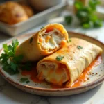 Cheesy garlic chicken wrap sliced in half with melted cheese on a ceramic plate over marble table