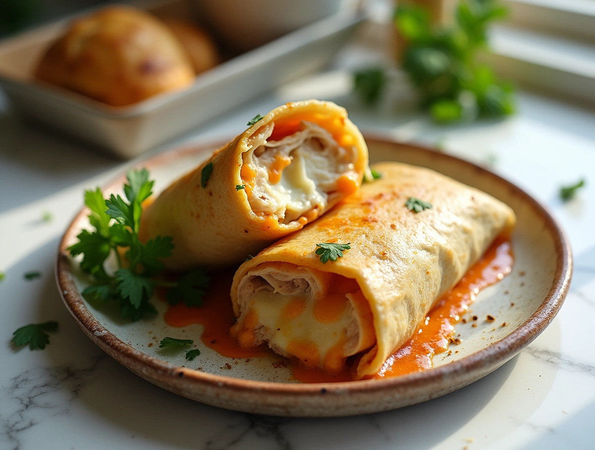Cheesy garlic chicken wrap sliced in half with melted cheese on a ceramic plate over marble table