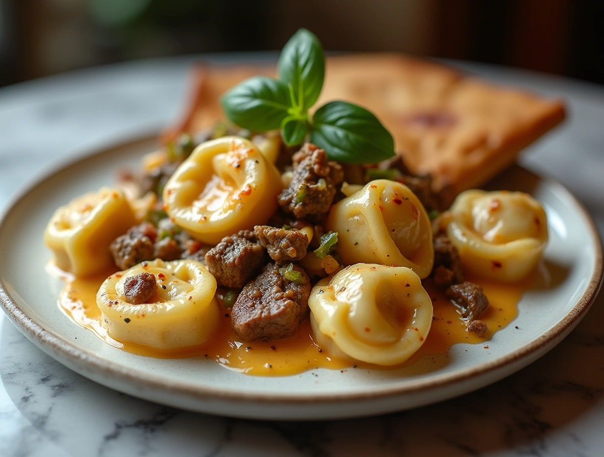 Cheesesteak tortellini with provolone sauce cooking on marble countertop