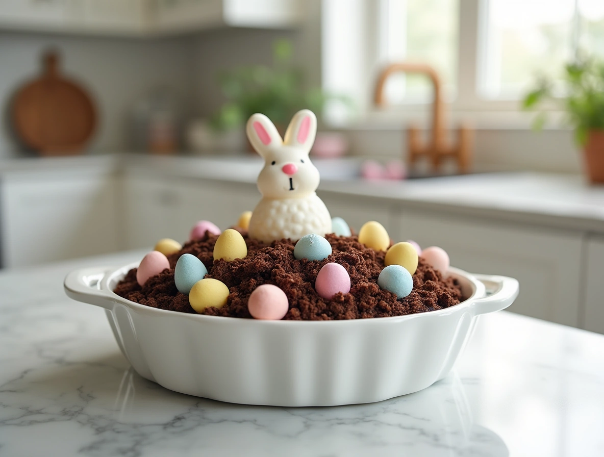 Colorful Easter dirt cake casserole made with crushed Oreos, vanilla pudding, and pastel candy toppings in glass baking dish