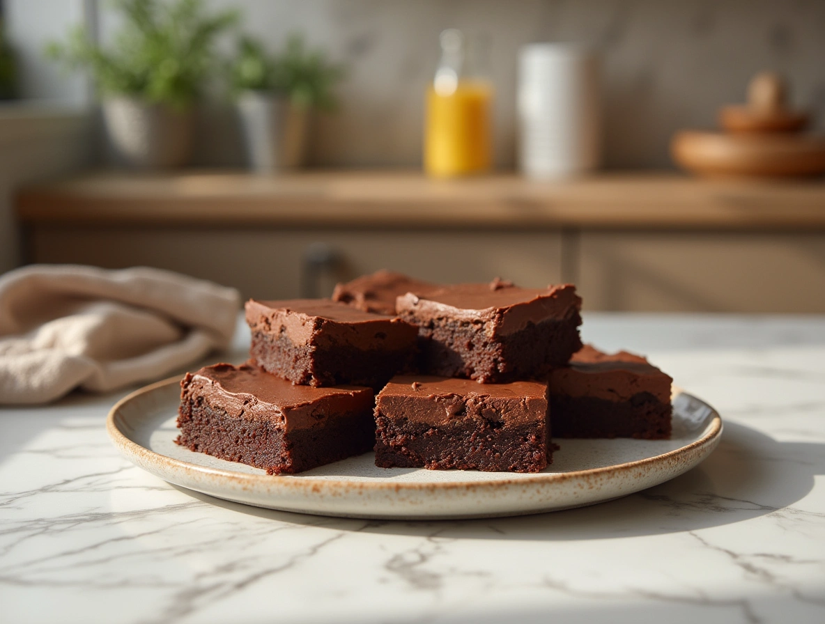 Homemade Lunch Lady Brownies with glossy chocolate frosting on a white plate