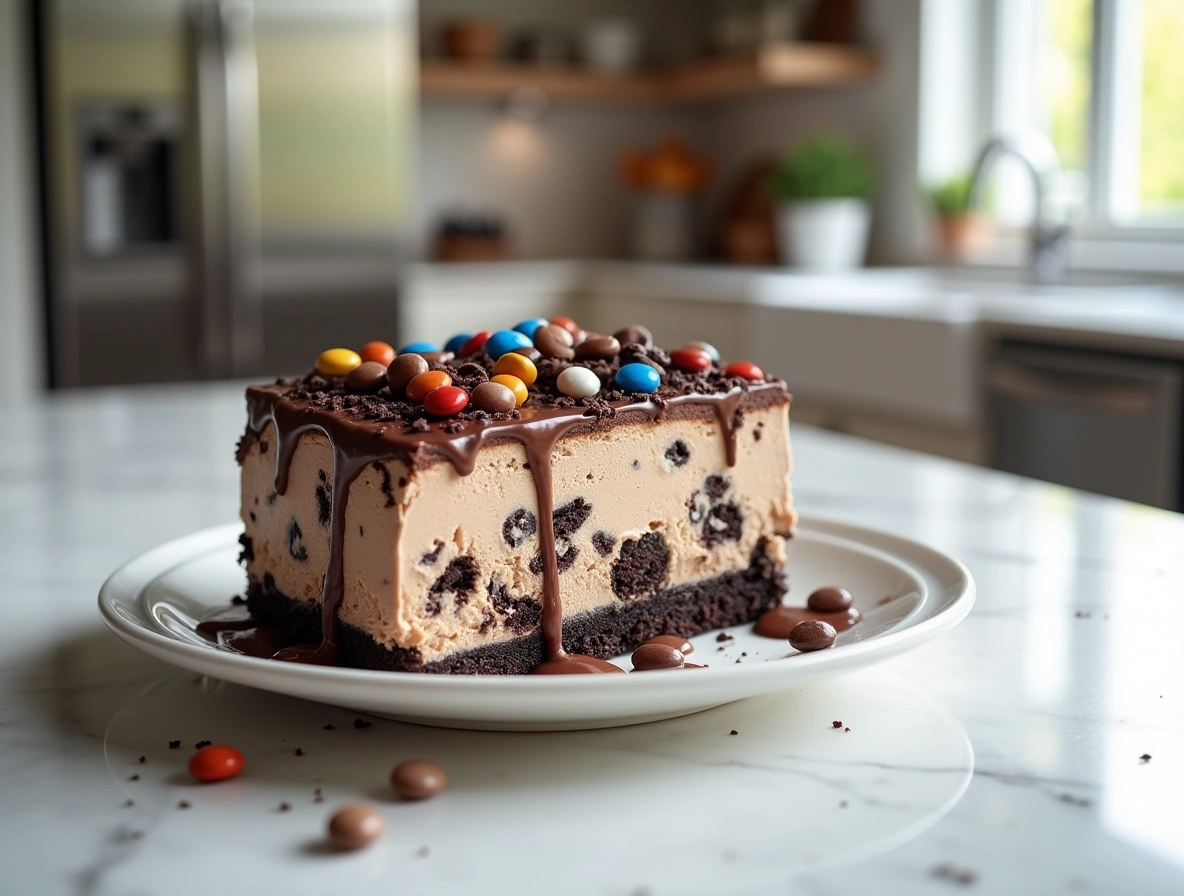 Slice of Chocolate M&M's & Cookie Dough Ice Cream Cake on marble table with melty layers and colorful M&M's.