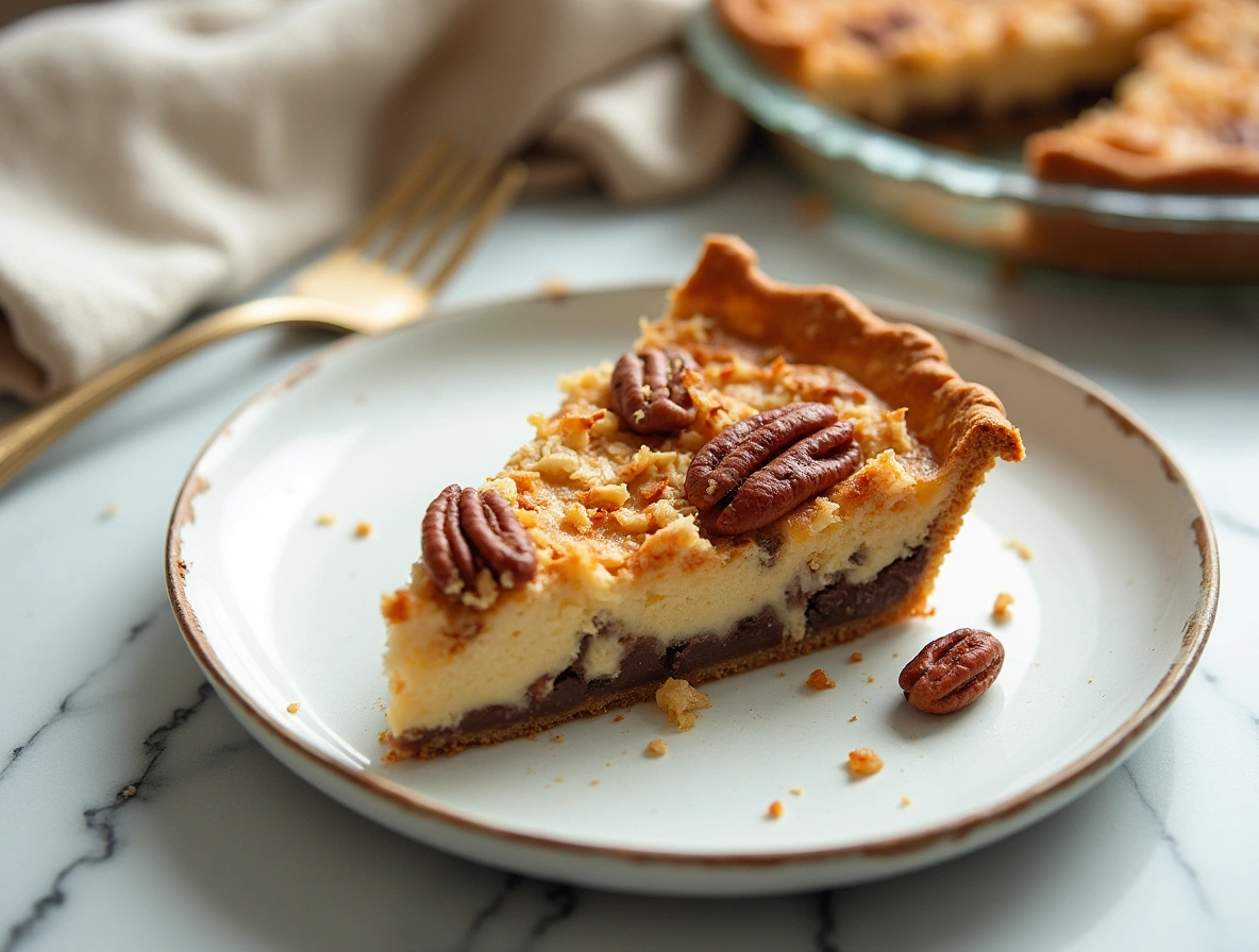 Gooey coconut pecan pie on a white plate with toasted pecans