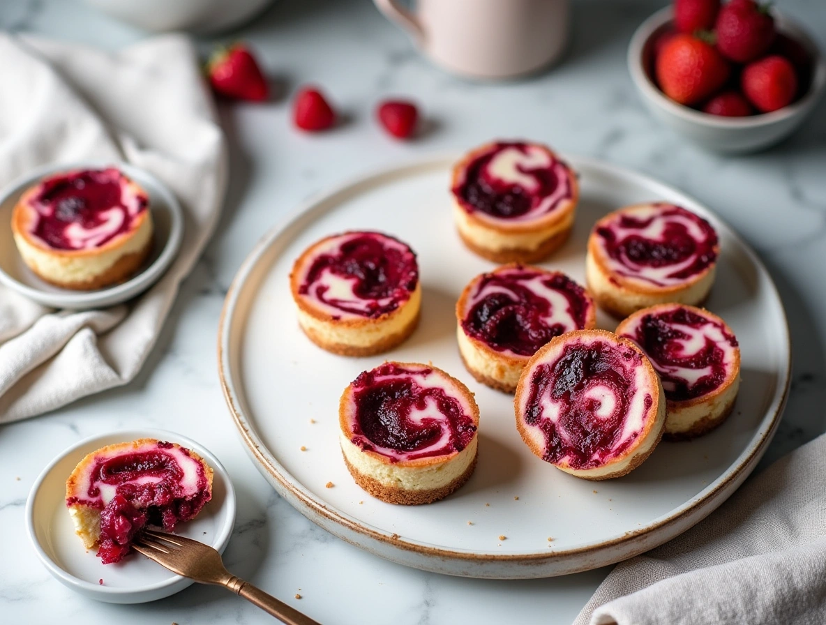 Mini berry swirl cheesecake bites on a marble table with berry drizzle