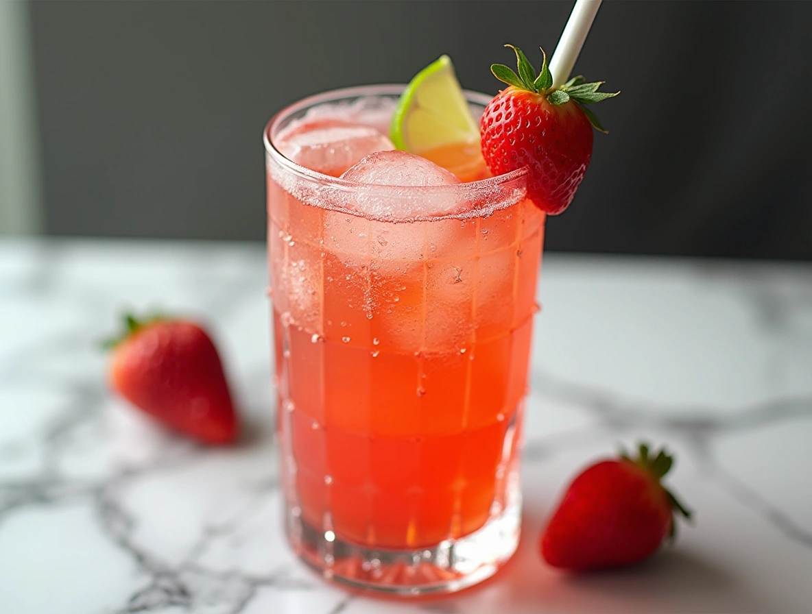 Close-up of hands pouring strawberry syrup and lime juice into a shaker for strawberry dirty sprite on a marble table