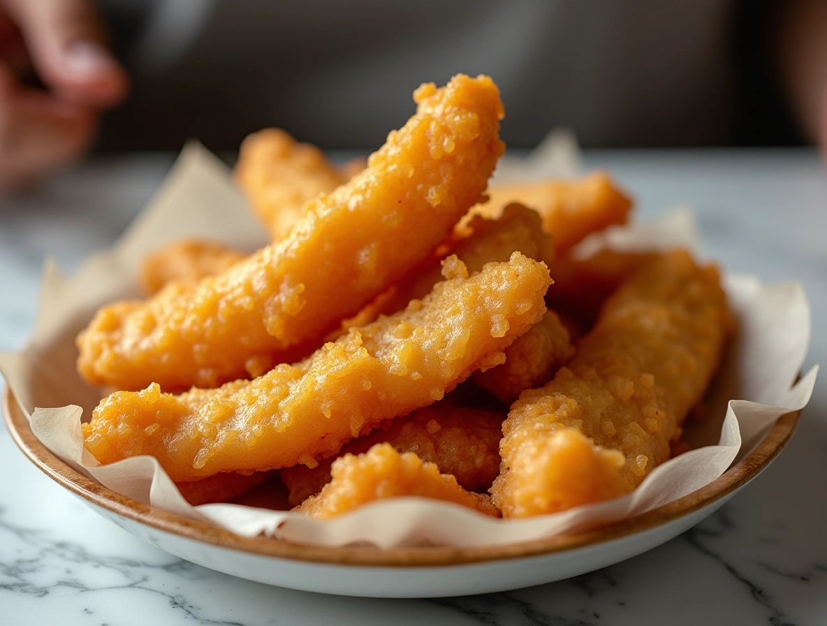 Very close-up image of battered fish pieces frying in hot oil, golden and crispy, in a deep pot on a marble surface