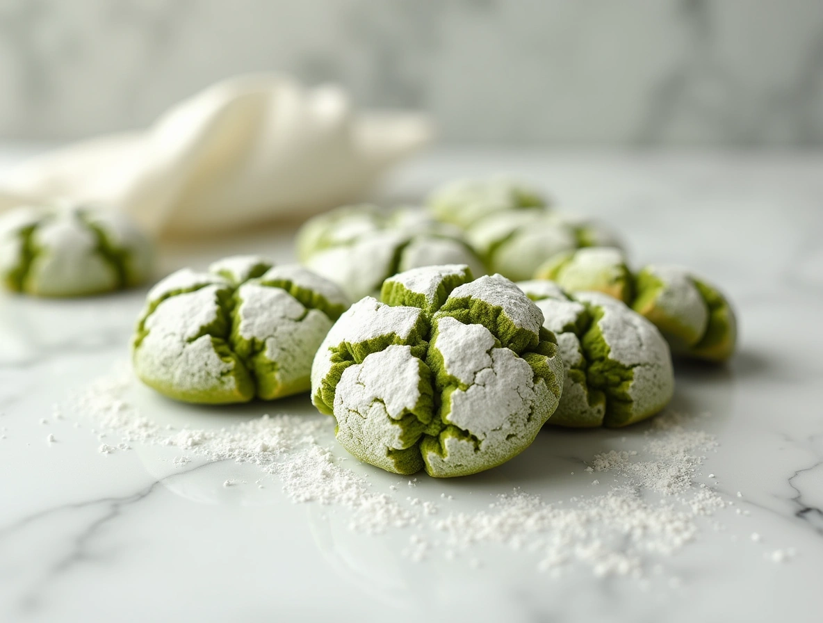 Very close-up of matcha crinkle cookies with powdered sugar cracks on a white marble table