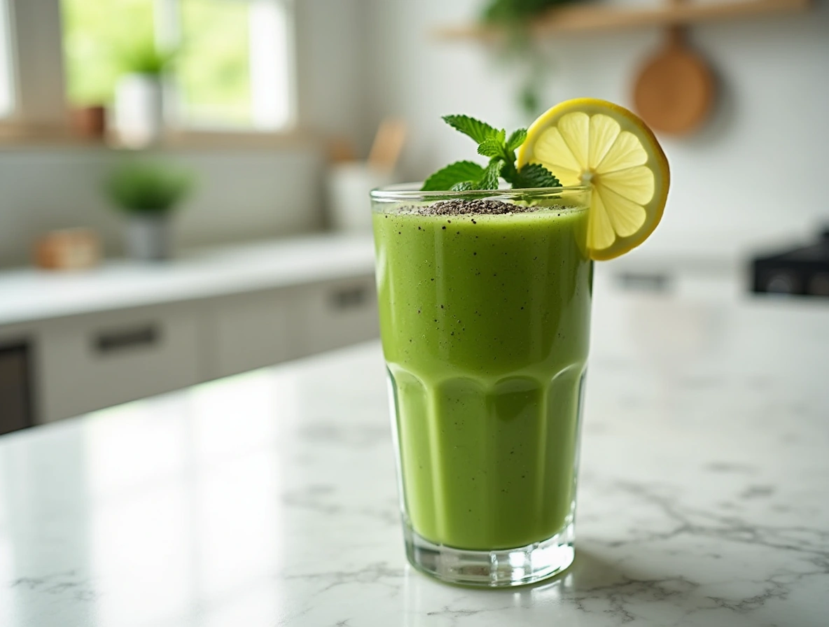 Tall glass of green smoothie garnished with lemon slice and mint, placed on a bright kitchen countertop