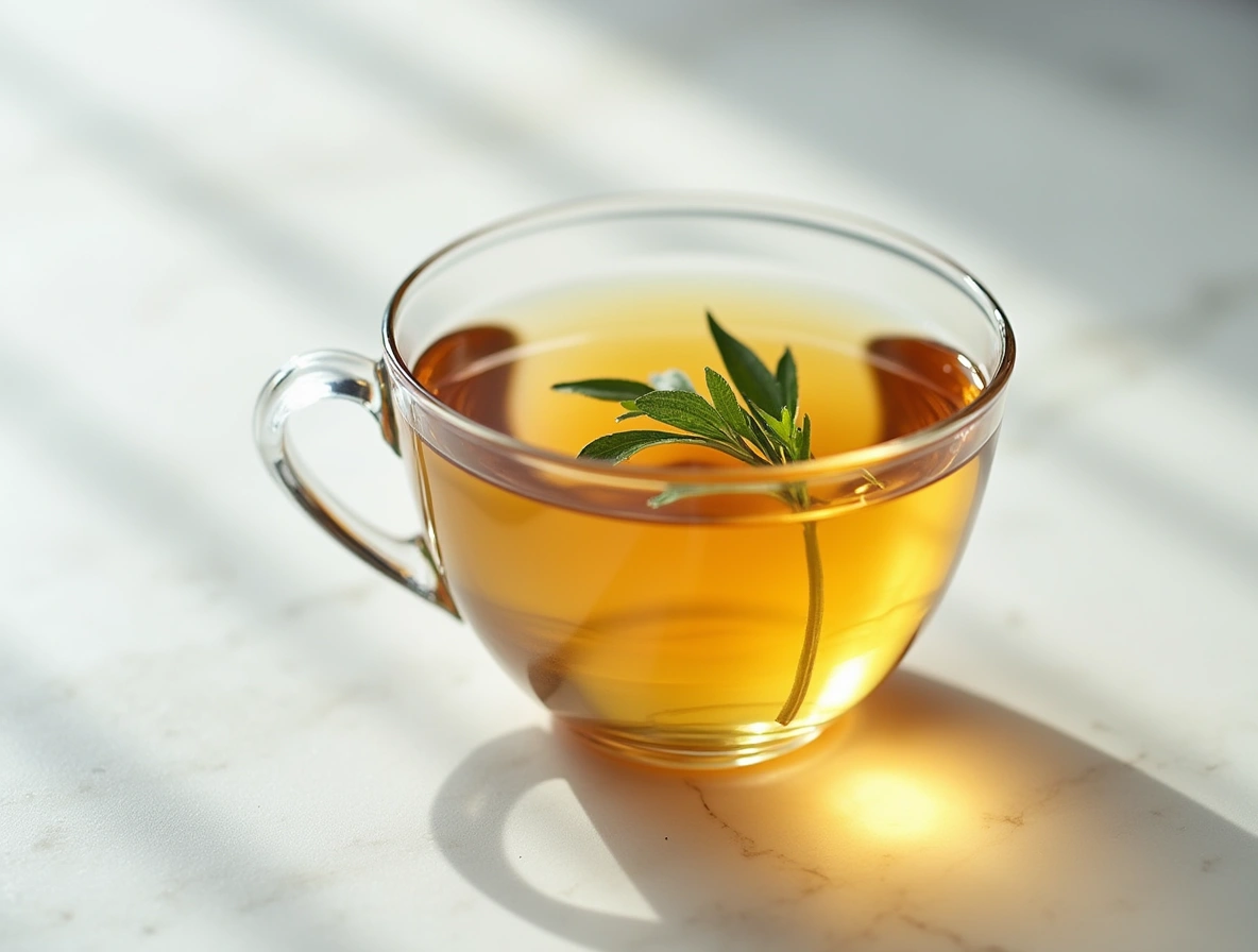 Glass mug of steaming cinnamon moringa bitter melon tea with lemon slice on wooden table