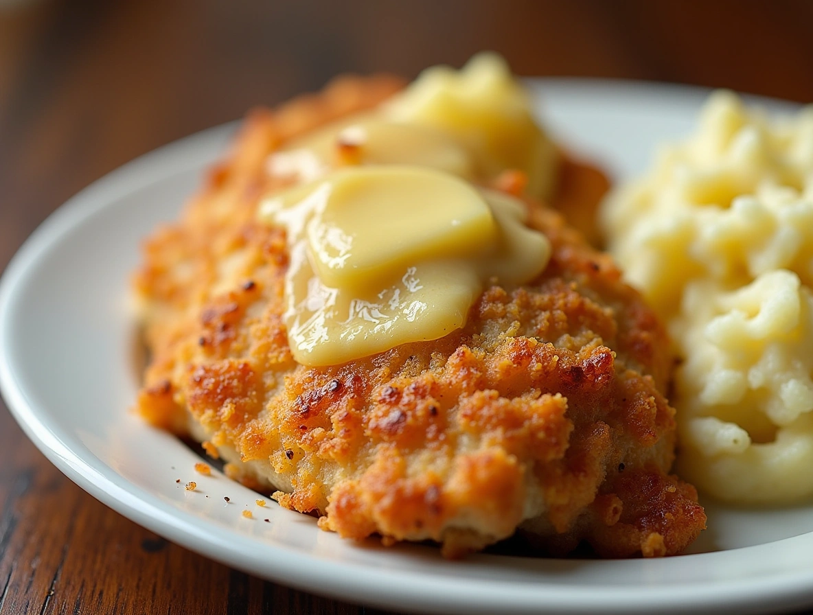 Parmesan crusted chicken with golden crispy topping served with mashed potatoes and melted butter on a white plate
