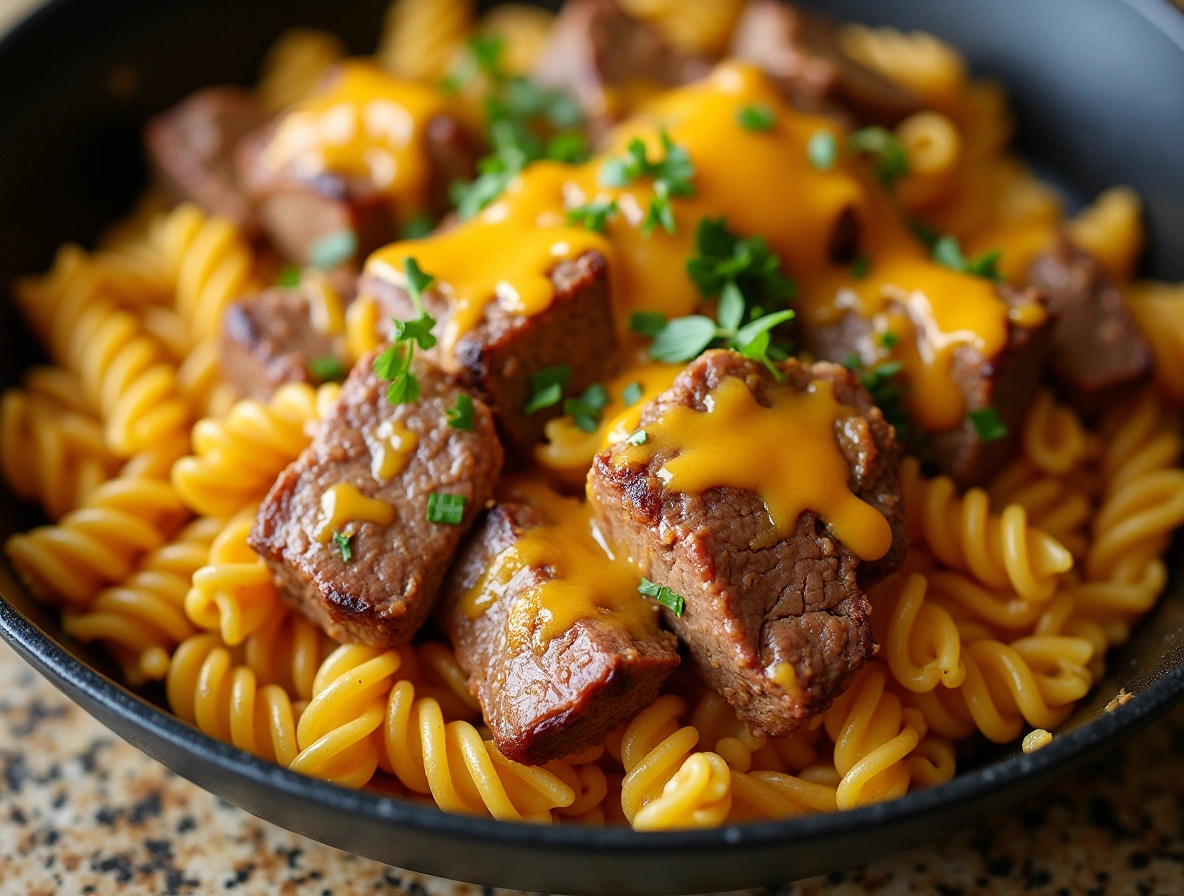 Three-panel cooking steps of honey garlic steak and cheddar pasta, showing steak cubes searing, pasta simmering, and cheese melting in sauce.