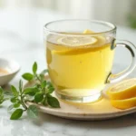 Three-step process of making lemon balm tea for weight loss on a marble table