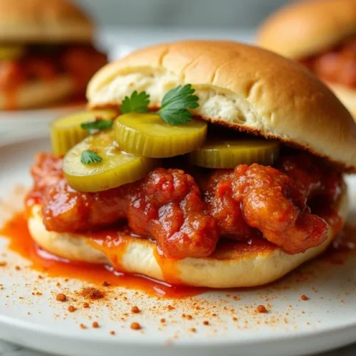 Homemade Cajun Chicken Sloppy Joes on a toasted bun with melted cheese and pickles, served on a rustic plate.