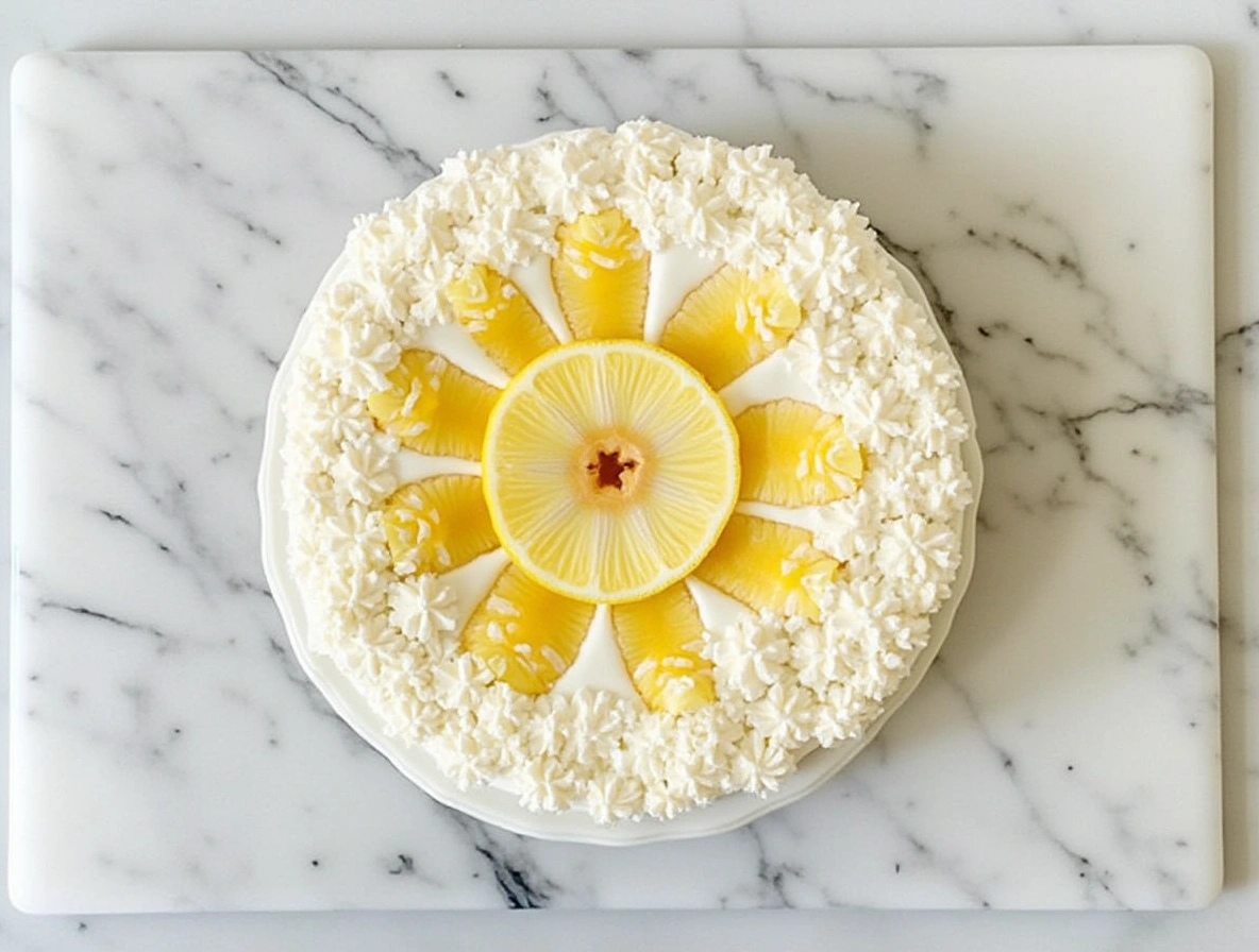 Homemade Pineapple Cloud Cake slice with whipped cream on marble