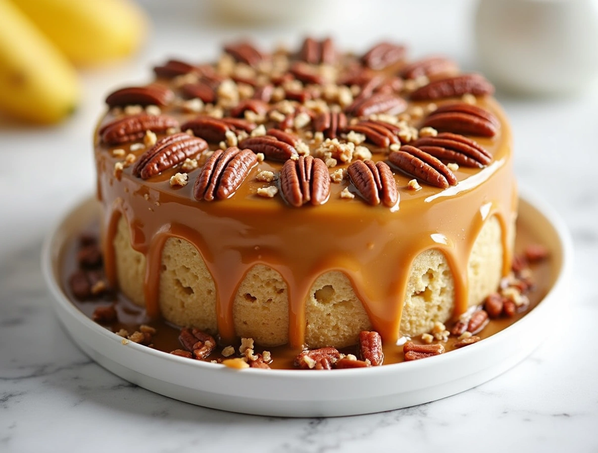 Three-stage preparation of banana pecan caramel cake on marble table showing batter mixing, pan filling, and frosting layers.