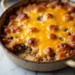 A golden-baked Poor Man Husband Casserole in a ceramic dish on a marble table, with bubbling cheese and crispy edges in close-up view.