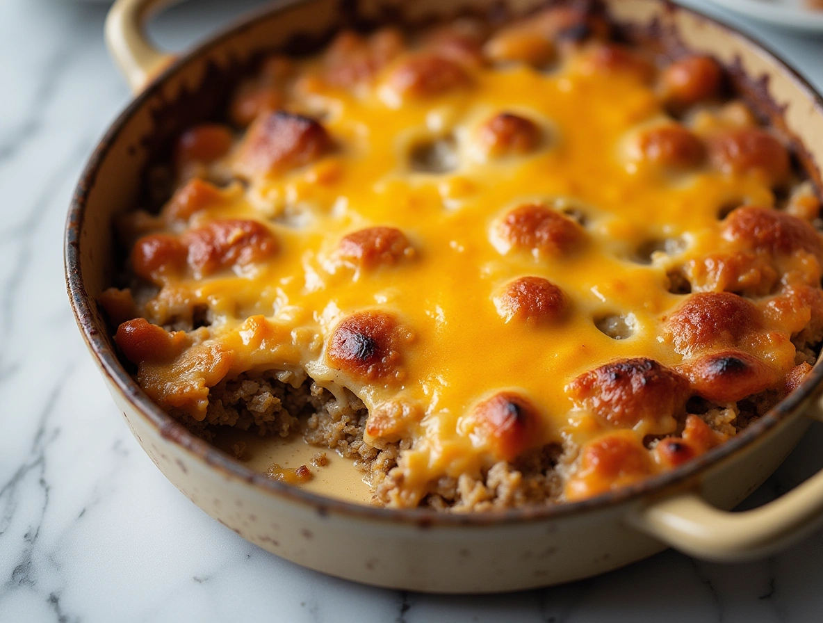 A golden-baked Poor Man Husband Casserole in a ceramic dish on a marble table, with bubbling cheese and crispy edges in close-up view.