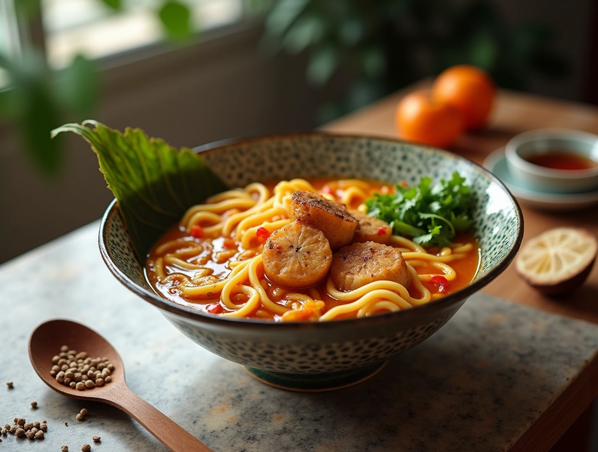 Bowl of fiery chicken ramen with creamy broth, glazed chicken, soft-boiled egg, and green onions on marble table