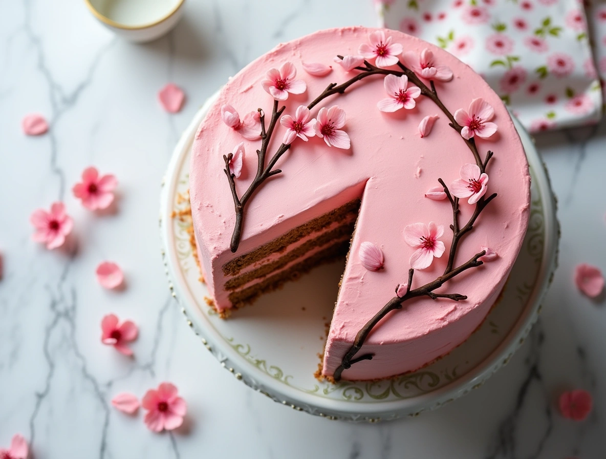 Making cherry blossom cake on marble counter: spilled pink sprinkles, piping bag with chocolate batter, and sakura extract bottle during preparation