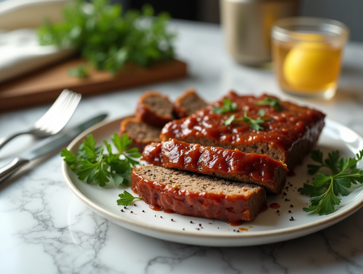 Juicy crockpot French onion meatloaf sliced to show tender interior, topped with glossy brown sugar-ketchup glaze on marble plate.