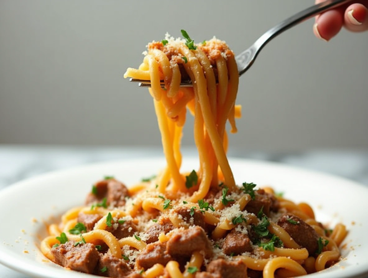 Creamy garlic parmesan beef and rotini pasta twirled on a fork, served on marble table