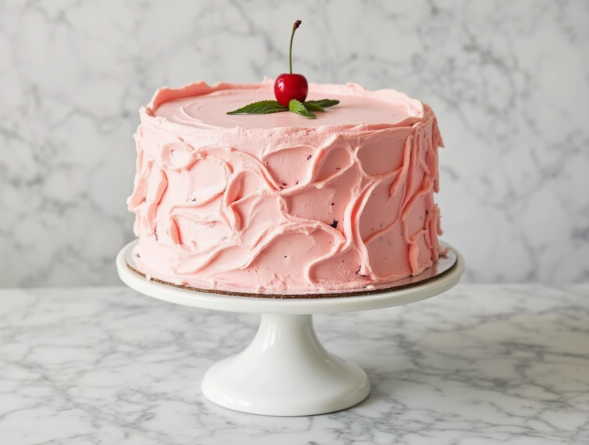 Slice of pink Flamingo Cake with cherry topping on marble counter