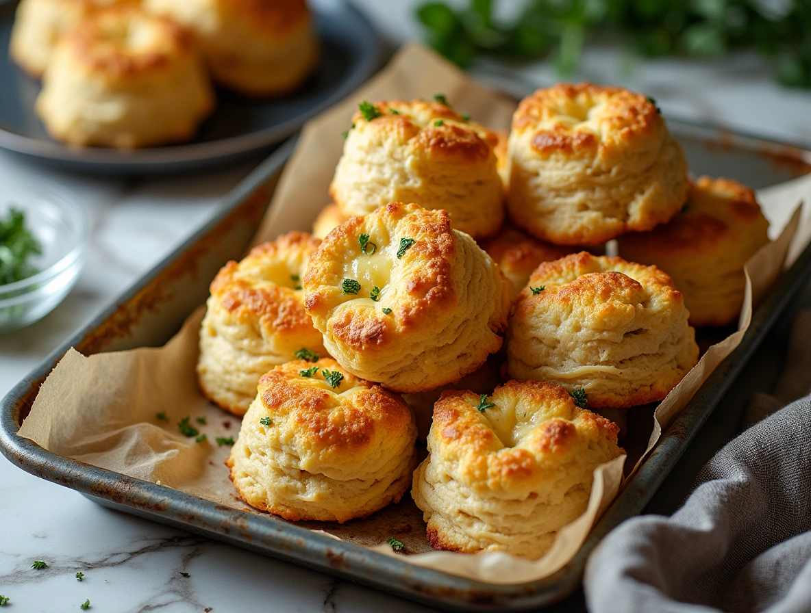 Golden garlic parmesan cheeseburger bombs served warm on a marble table with parsley garnish