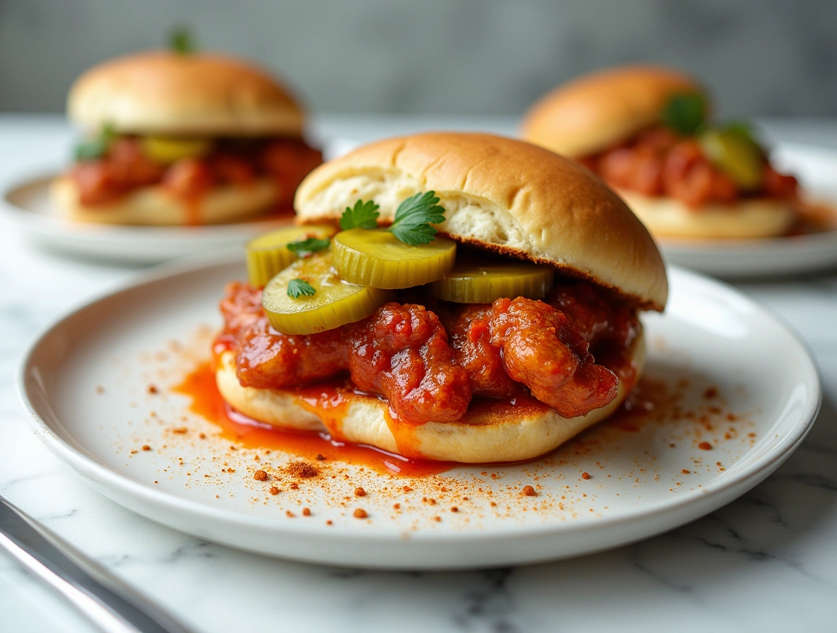 Homemade Cajun Chicken Sloppy Joes on a toasted bun with melted cheese and pickles, served on a rustic plate.