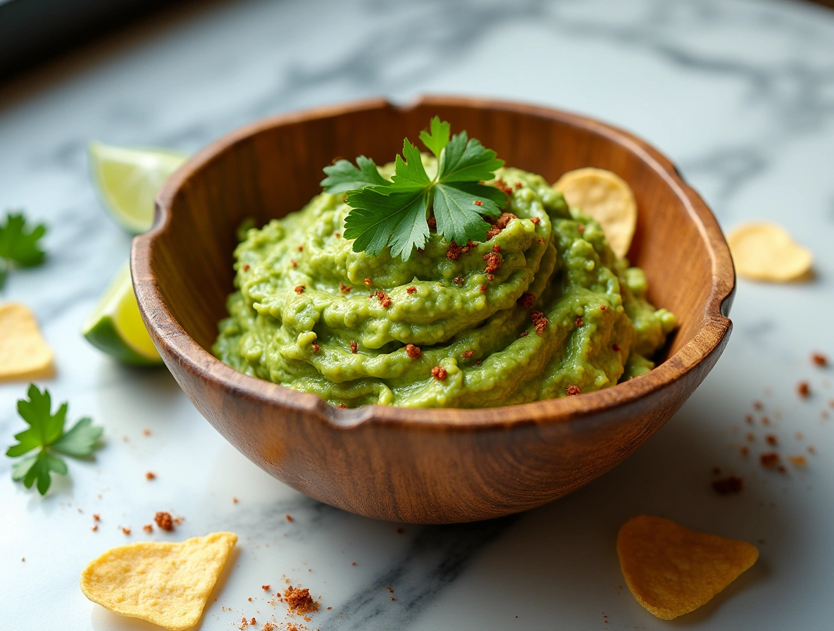 Homemade guacamole seasoning mix in a small bowl with avocados, lime, and spices on a marble table