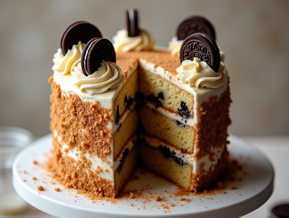 Slice of Oreo honeybun cake with cinnamon swirl and cookies ‘n’ cream frosting on a white plate