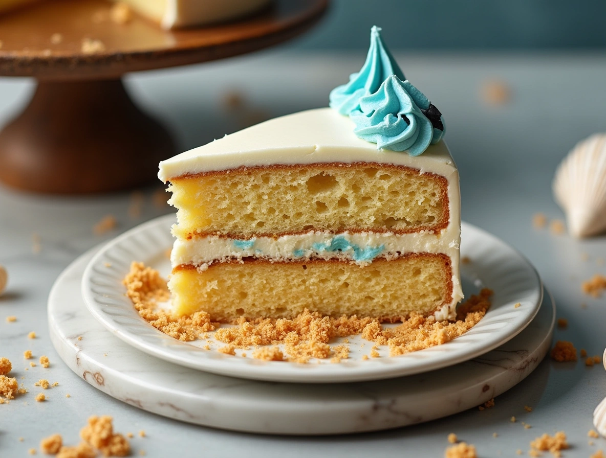 Close-up of homemade Beach Cake with golden layers and blue buttercream waves