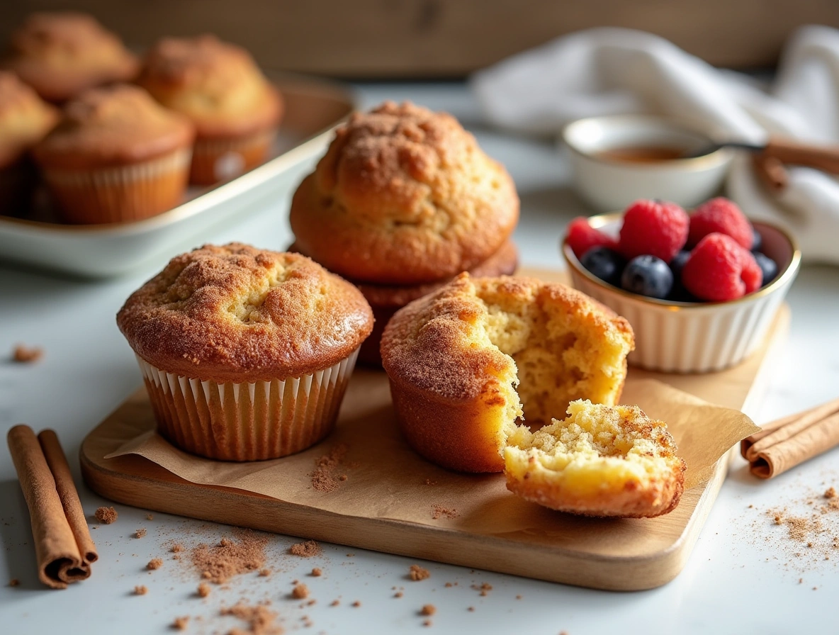 Freshly baked cinnamon sugar French toast muffins on a marble table