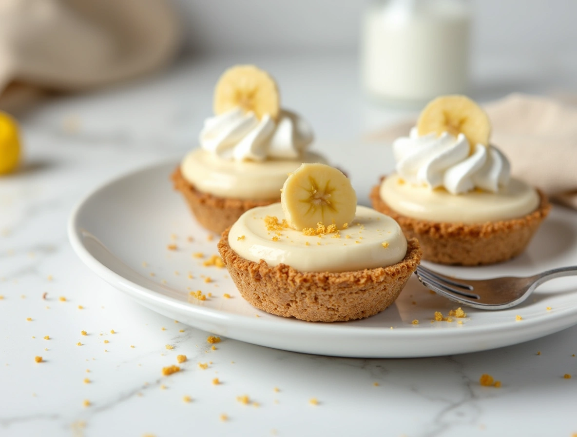 Mini Banana Cream Pies with graham cracker crust, banana pudding, and whipped cream on a white marble table, styled with rustic elegance