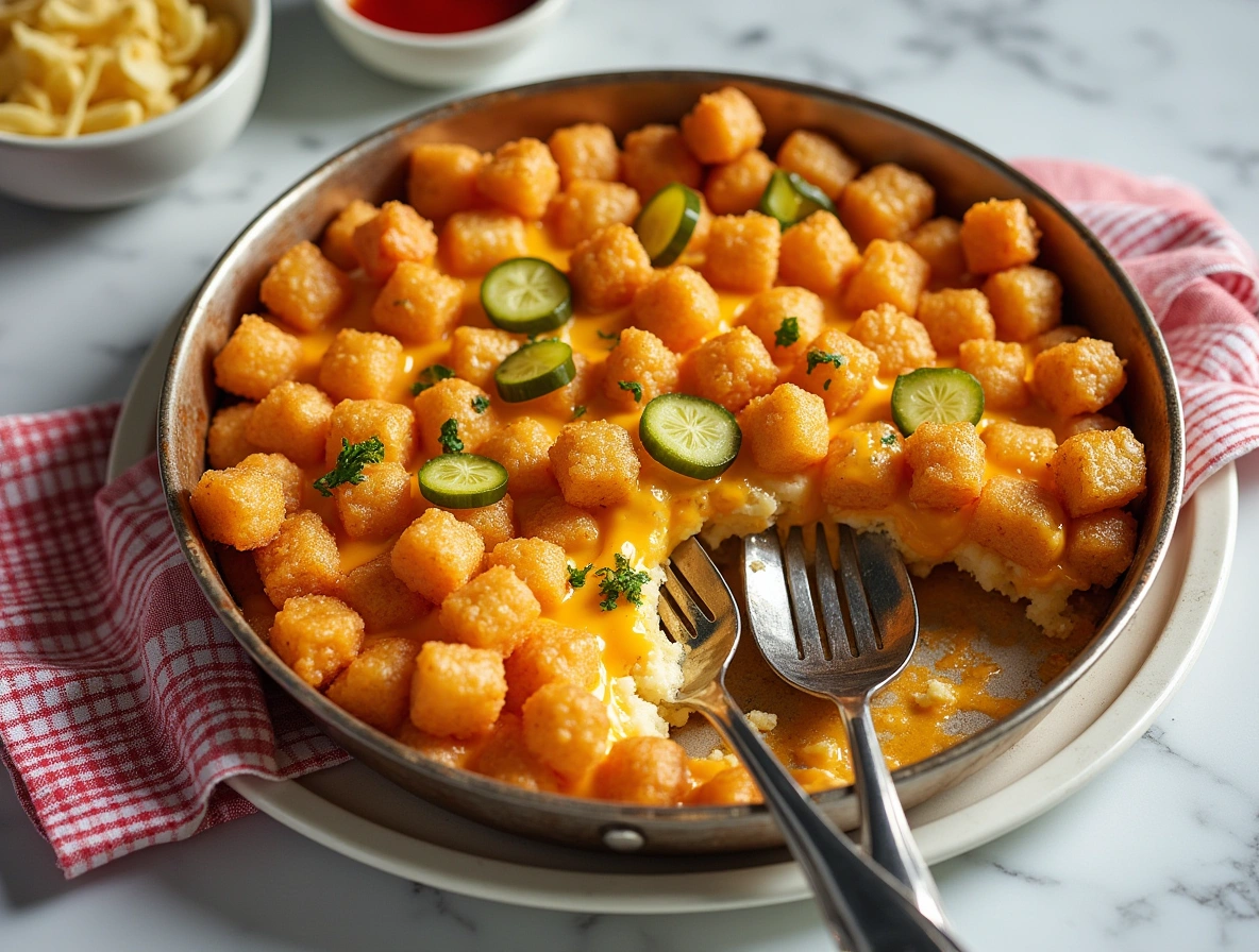 Big Mac Tater Tot Casserole with golden crispy tater tots, melted cheese, and fresh lettuce-tomato topping in a white baking dish
