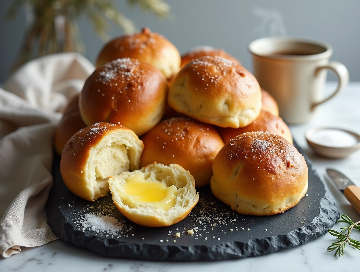 Freshly baked brioche dinner rolls with golden crust, served on a marble table with butter, honey, and herbs