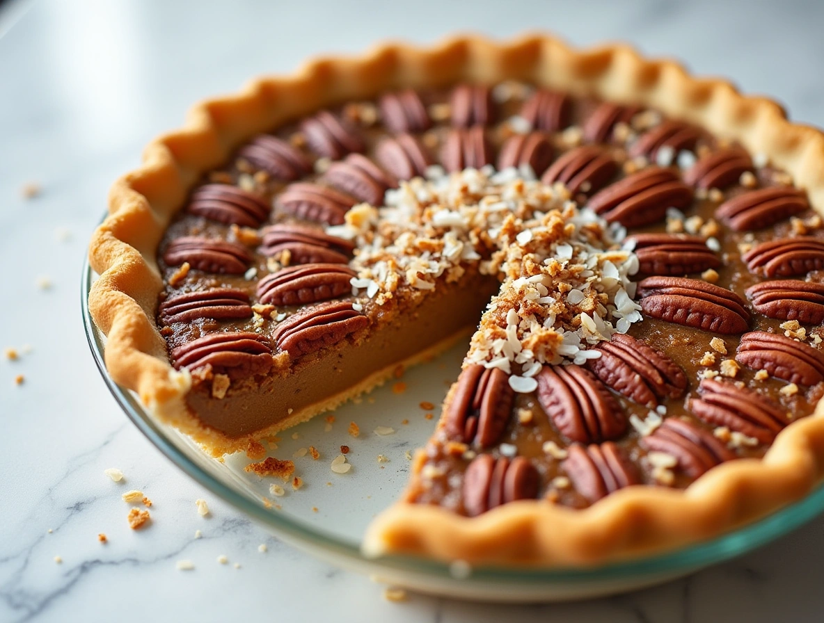 Three-step process of making coconut pecan pie: whisking, filling the crust, and pulling the baked pie from the oven, all on a marble table