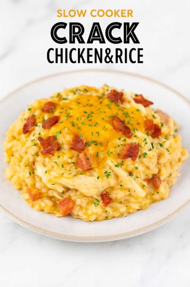 A creamy slow cooker crack chicken and rice casserole with melted cheese on top